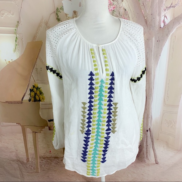 Love Sam Keyhole Peasant Bohemian Beaded Blouse - Picture 7 of 12